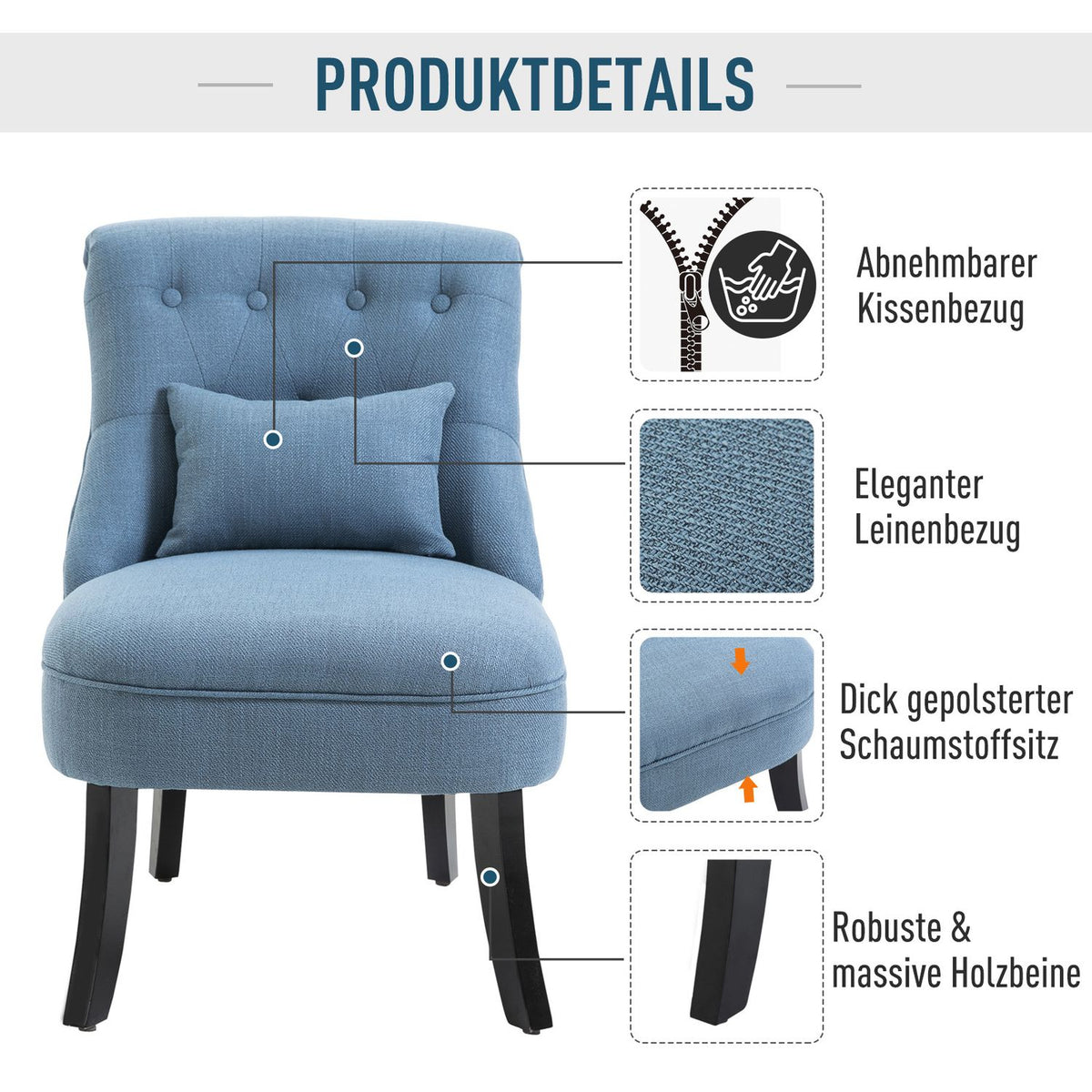 Tv Chair Relax Chair With Back Cushion, Raised Feet, Linen, Blue, 52.5X69X77Cm