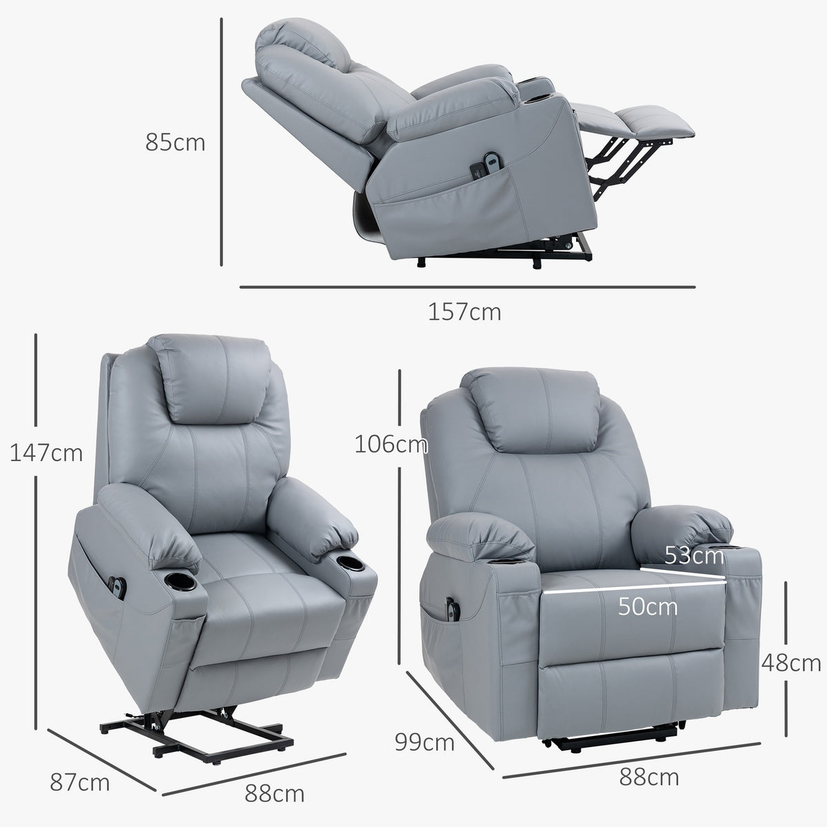 Tv Chair Stand-Up Aid Electric Relaxation Chair Massage Function Reclining Function Cup Holder Remote Control Side Pocket Gray