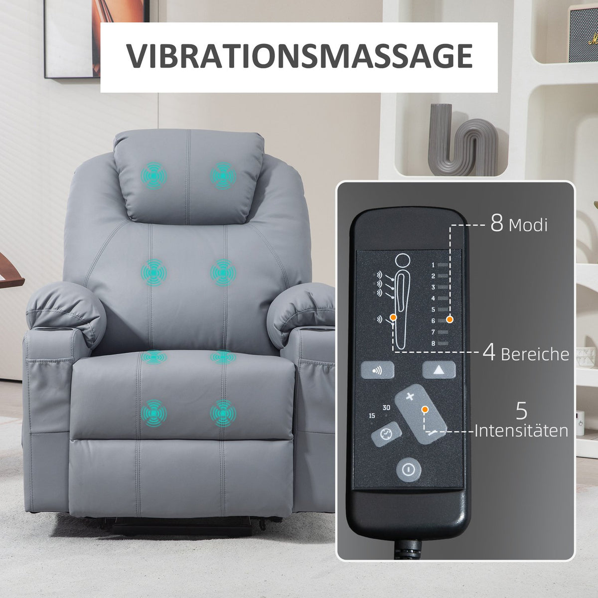 Tv Chair Stand-Up Aid Electric Relaxation Chair Massage Function Reclining Function Cup Holder Remote Control Side Pocket Gray