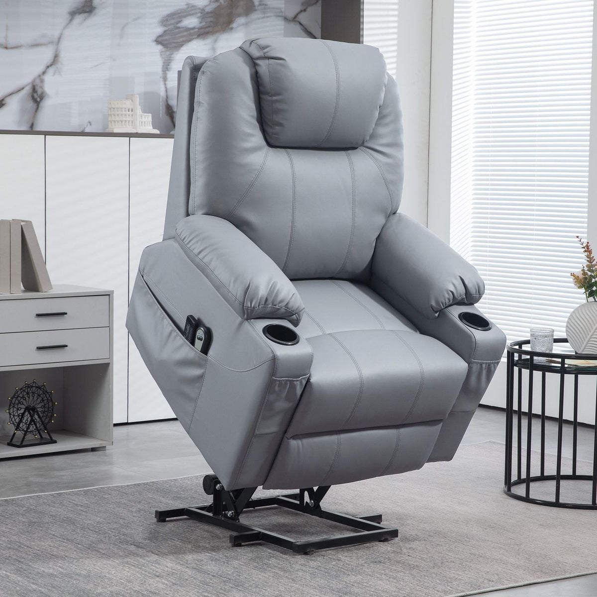 Tv Chair Stand-Up Aid Electric Relaxation Chair Massage Function Reclining Function Cup Holder Remote Control Side Pocket Gray