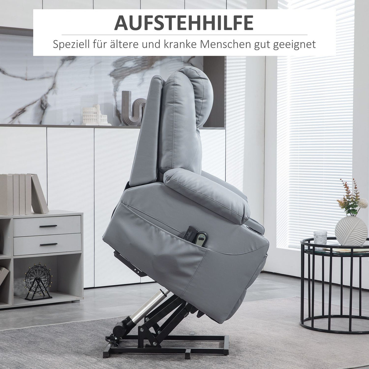 Tv Chair Stand-Up Aid Electric Relaxation Chair Massage Function Reclining Function Cup Holder Remote Control Side Pocket Gray