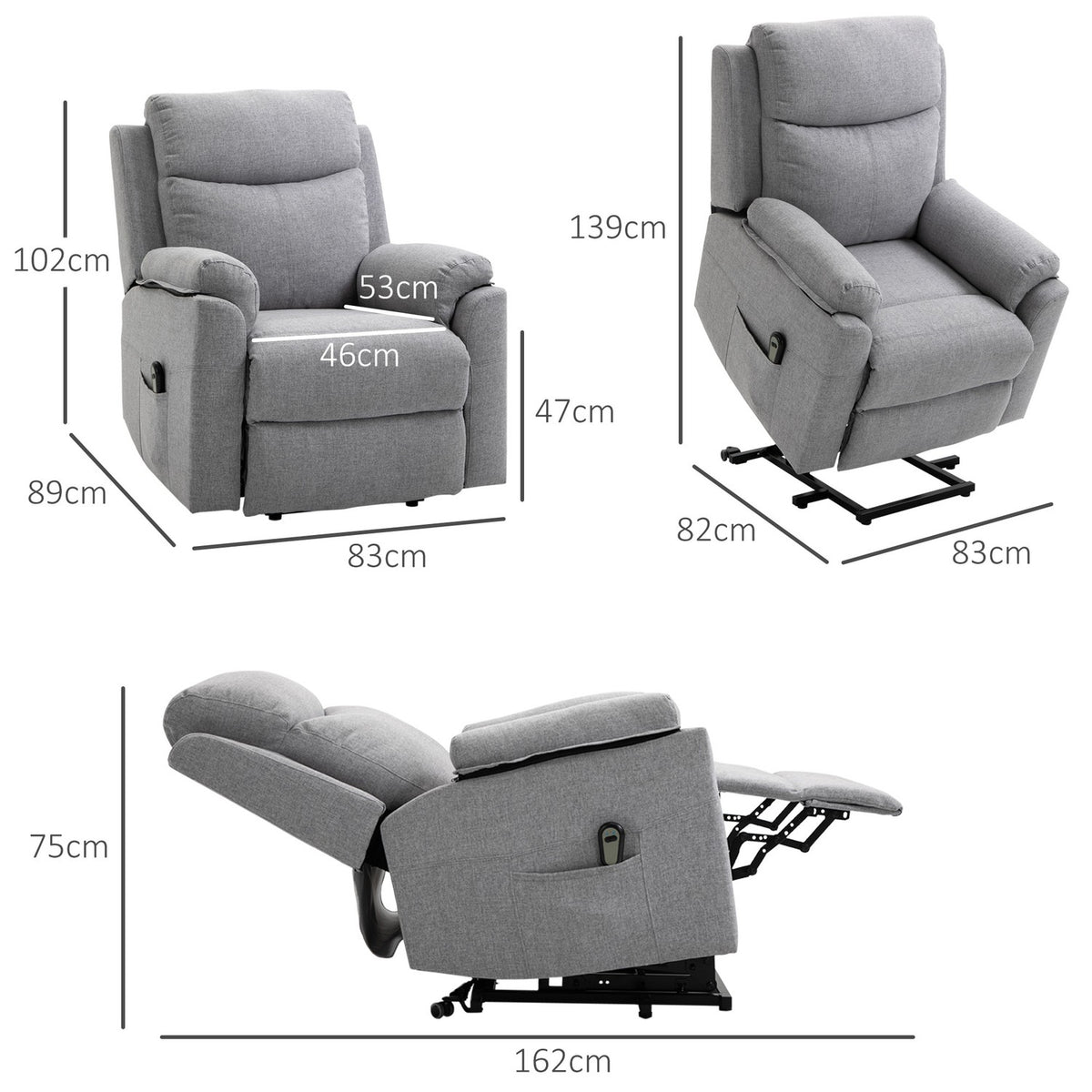 Tv Chair Stand-Up Aid Electric Relaxation Chair Reclining Function 1 Motor Side Pocket Remote Control Pocket Spring Core Gray