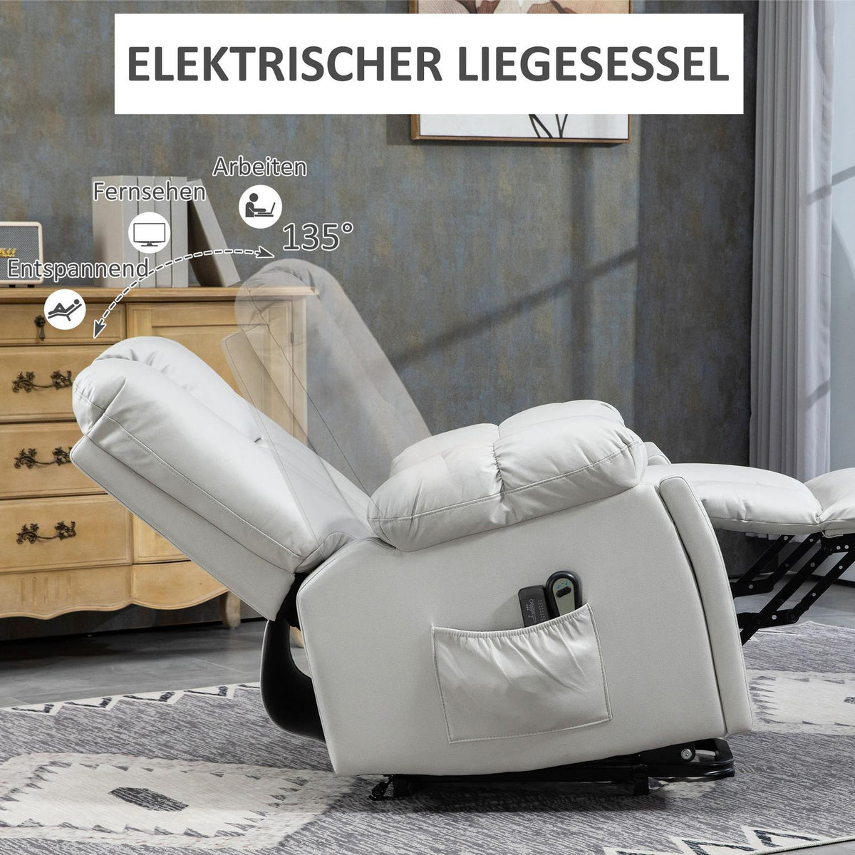 Tv Chair Stand-Up Aid Electric Relaxation Chair Reclining Function 4 Massage Modes Pocket Spring Core Remote Control Side Pocket Light Gray