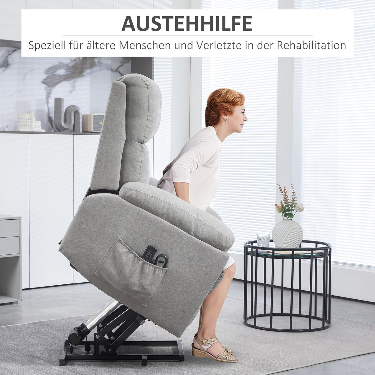Tv Chair Stand-Up Aid Electric Relaxation Chair Reclining Function Remote Control Massage Chair Side Pocket Linen Look Light Gray