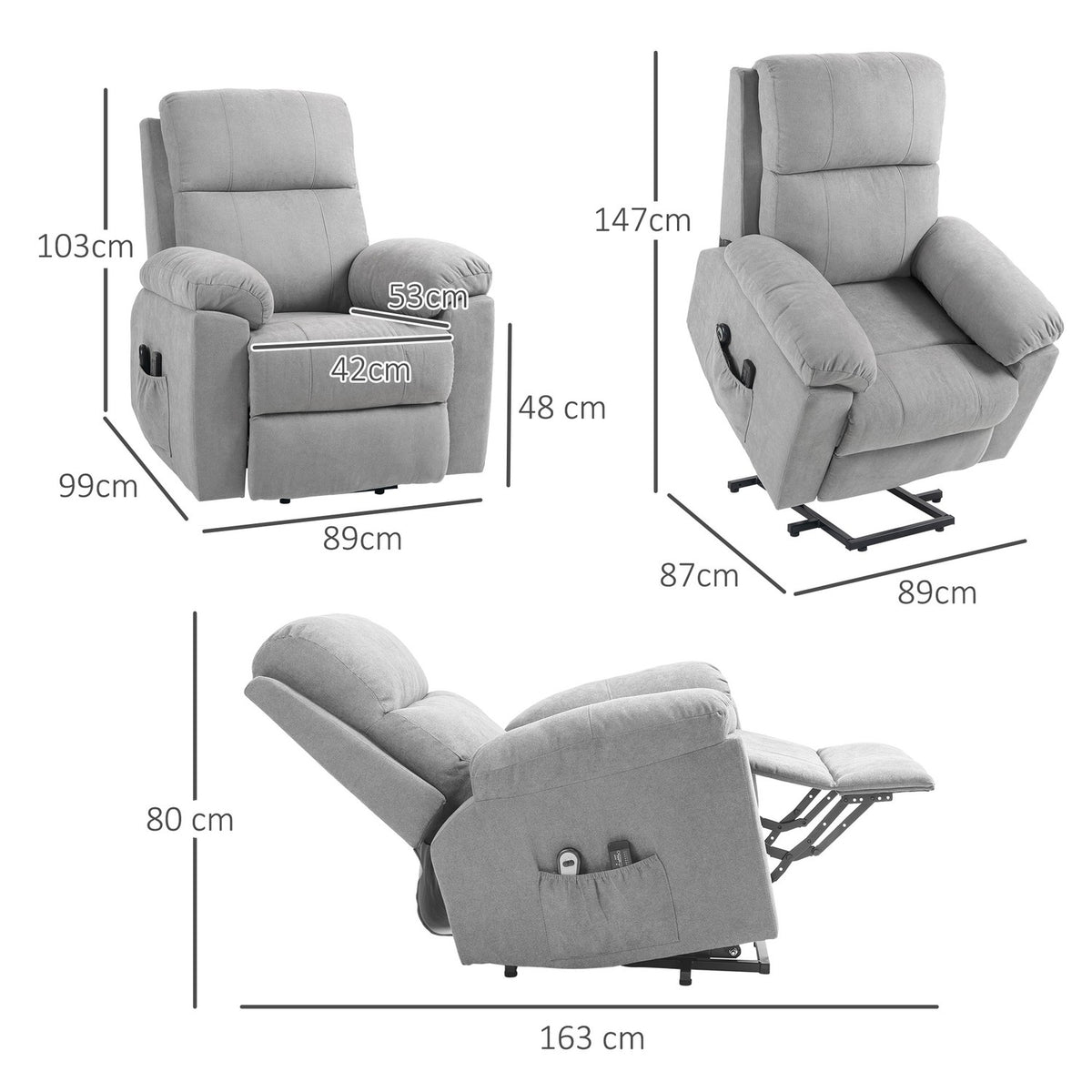 Tv Chair Stand-Up Aid Electric Relaxation Chair Reclining Function Remote Control Massage Chair Side Pocket Linen Look Light Gray