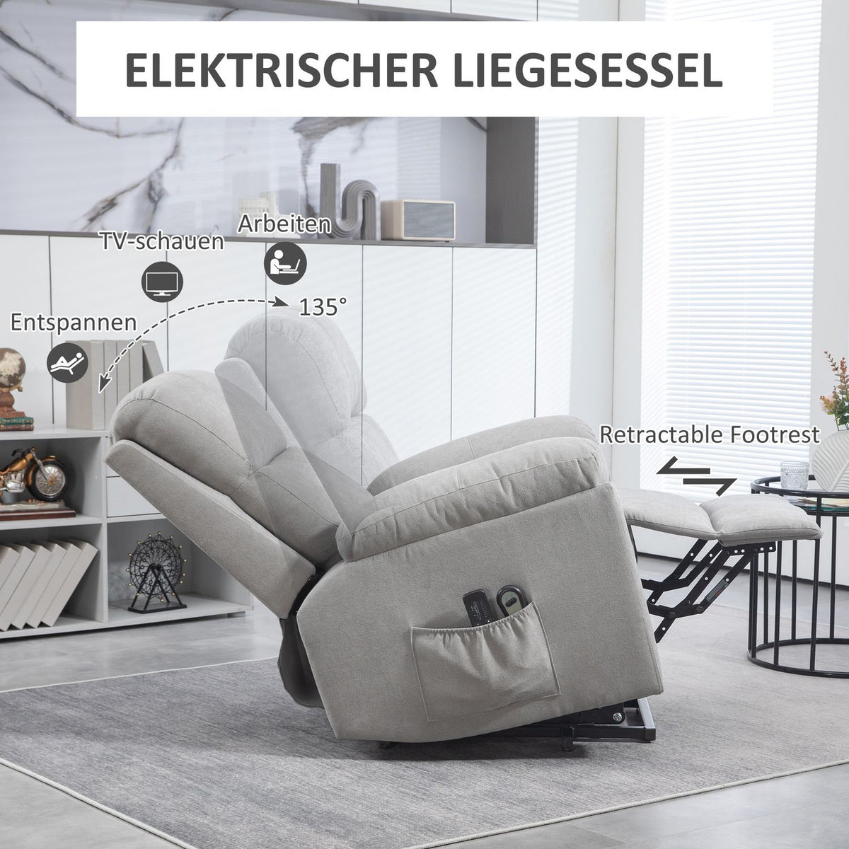 Tv Chair Stand-Up Aid Electric Relaxation Chair Reclining Function Remote Control Massage Chair Side Pocket Linen Look Light Gray