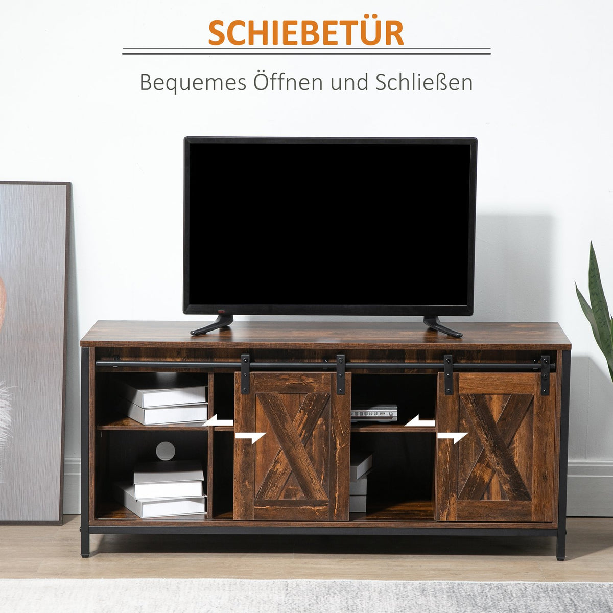 Tv Lowboard Tv Cabinet For Up To 60 Inches, Tv Stand In Industrial Design, With Shelf, Chipwood Steel, Brown + Black, 120X40X54Cm