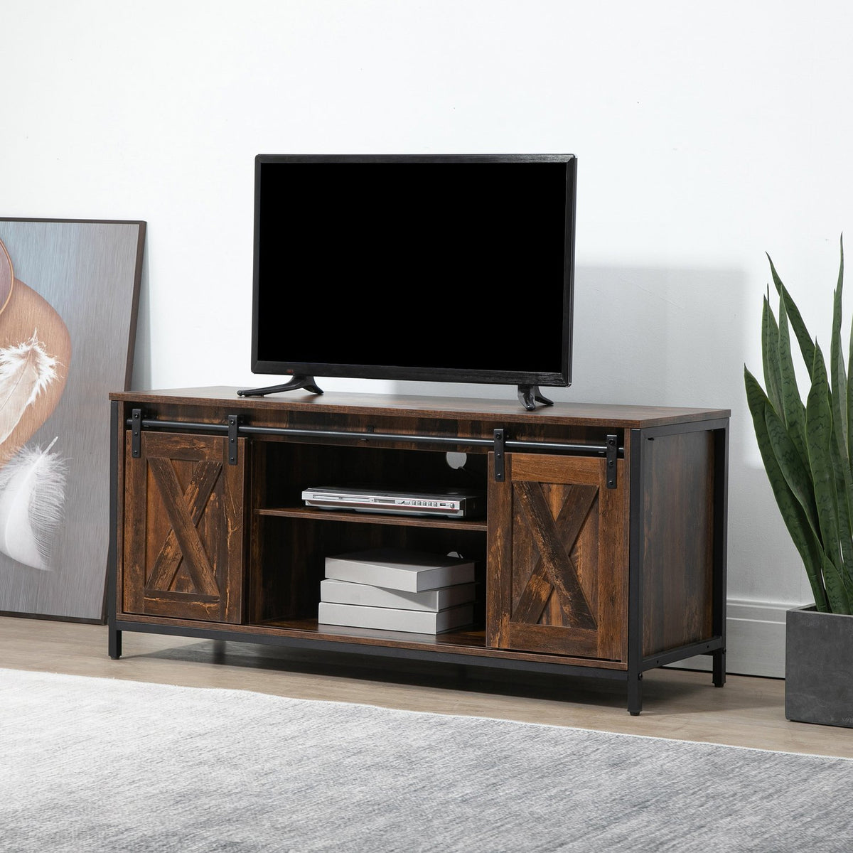 Tv Lowboard Tv Cabinet For Up To 60 Inches, Tv Stand In Industrial Design, With Shelf, Chipwood Steel, Brown + Black, 120X40X54Cm