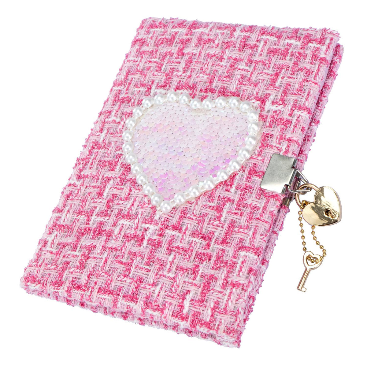 Tweed Notebook with Sequins, Lock & Pen, 22x28 cm
