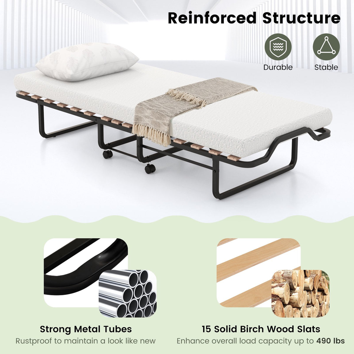 Twin Folding Bed, 4-Inch Foam Mattress, Lockable Wheels