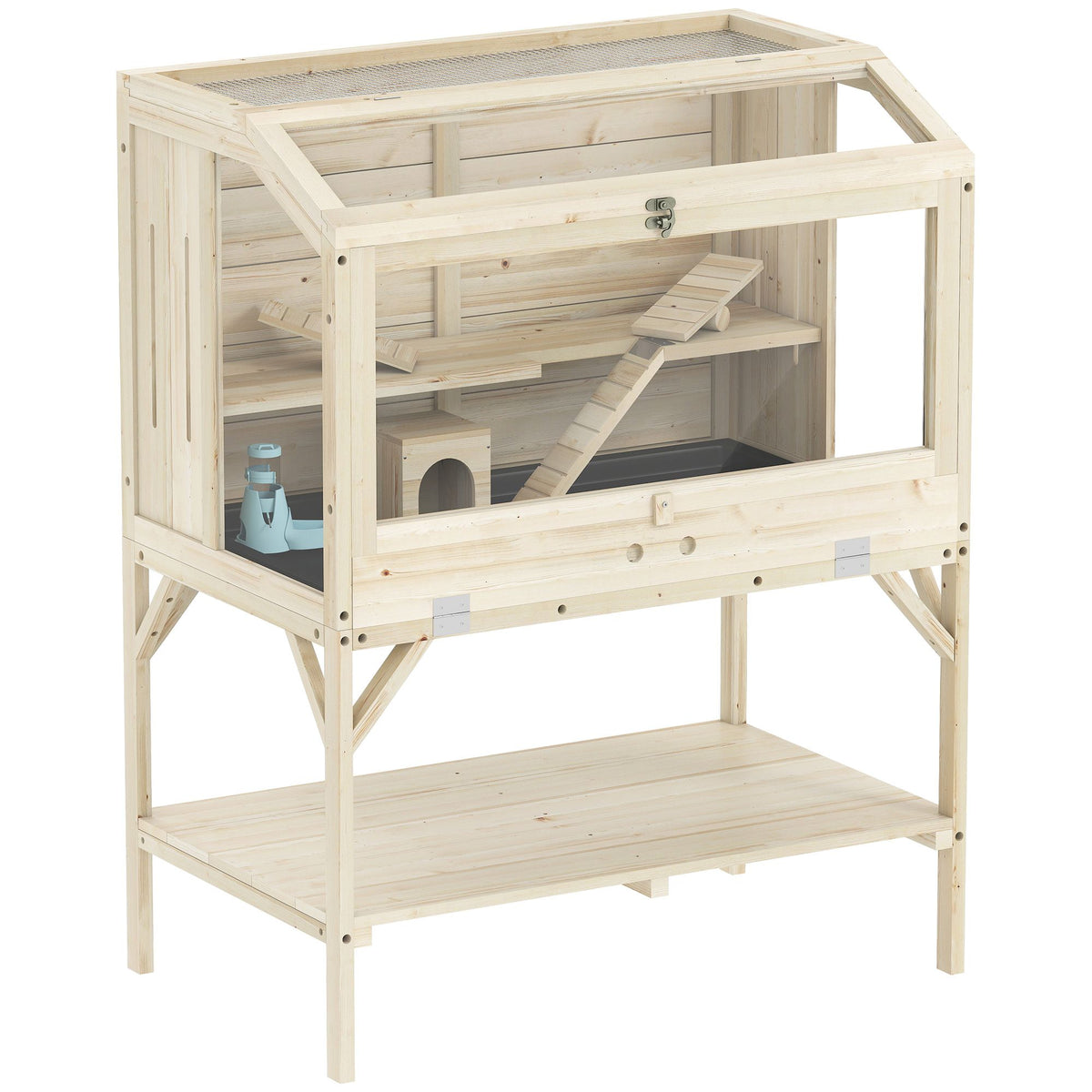 Two-Level Hamster Cage with Storage, Natural Wood, 84x53x110 cm