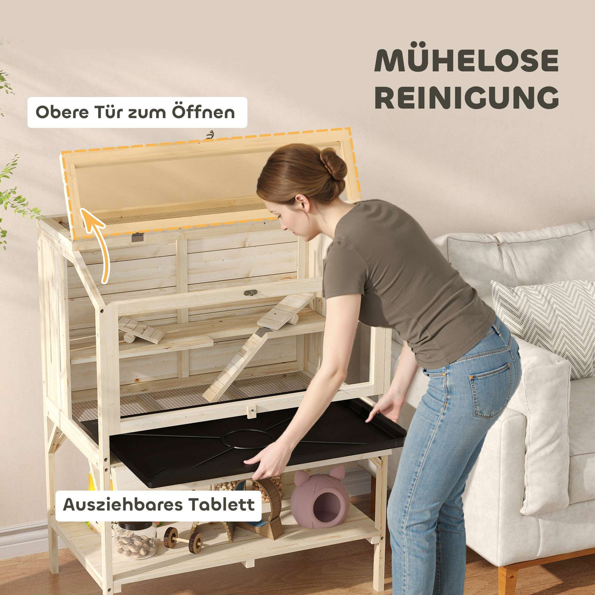 Two-Level Hamster Cage with Storage, Natural Wood, 84x53x110 cm