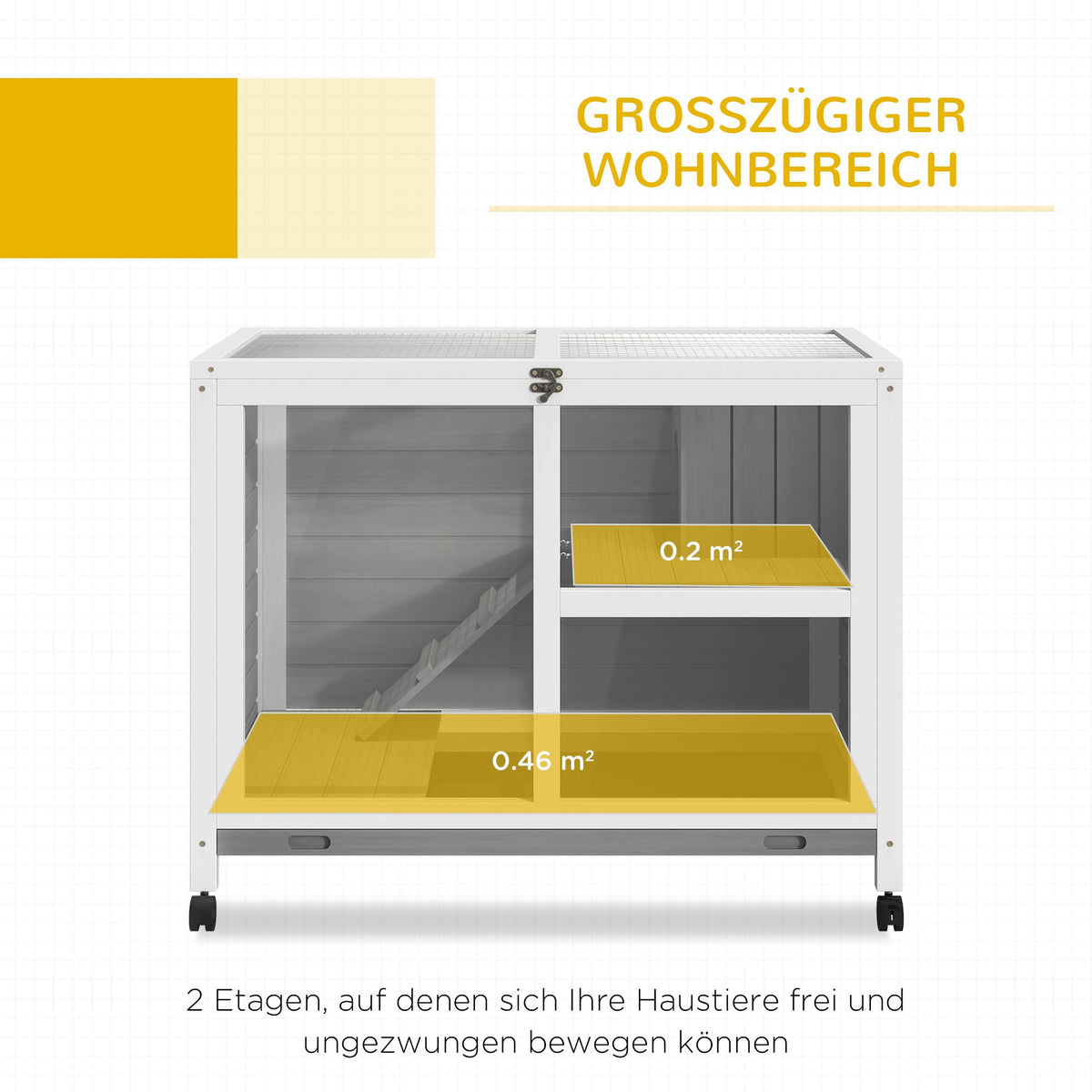 Two-Level Small Animal Hutch, Sealed Fir Wood, Gray, with Wheels