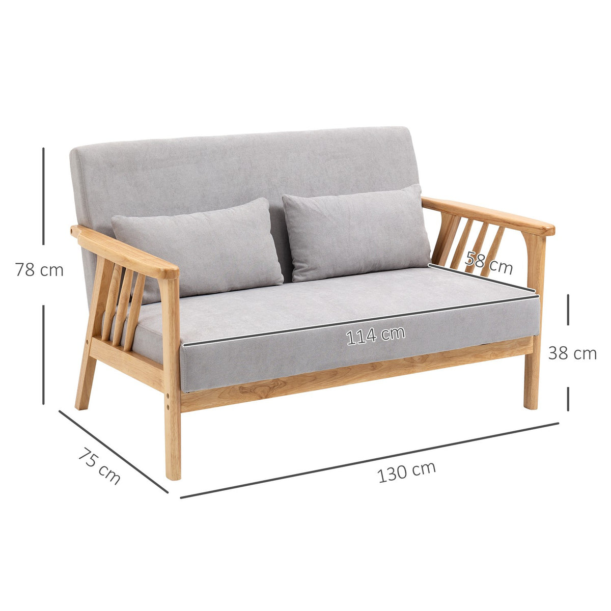 Two-Seater Sofa, Double Sofa With Armrests, Loveseat With Velvet Look, Cushion, Upholstered Sofa, Load Capacity Up To 200 Kg, Gray, 130 X 75 X 78 Cm