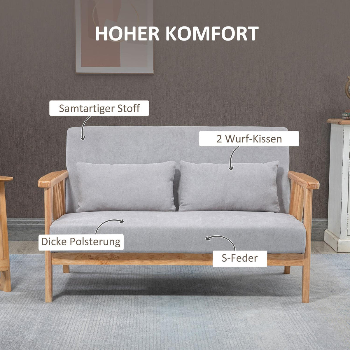 Two-Seater Sofa, Double Sofa With Armrests, Loveseat With Velvet Look, Cushion, Upholstered Sofa, Load Capacity Up To 200 Kg, Gray, 130 X 75 X 78 Cm