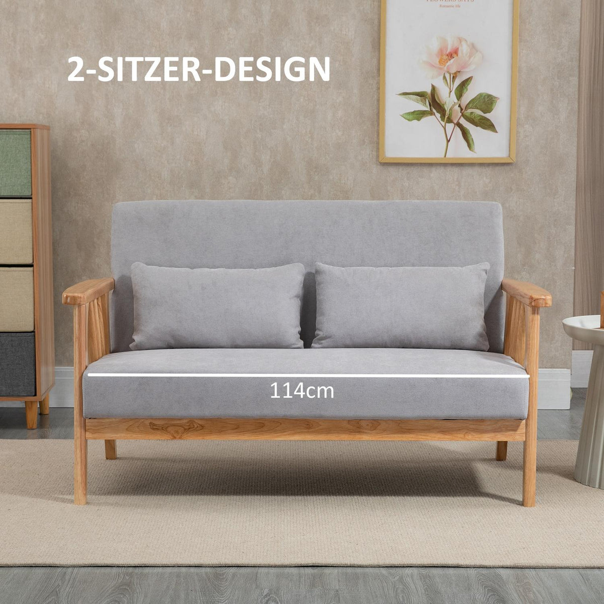 Two-Seater Sofa, Double Sofa With Armrests, Loveseat With Velvet Look, Cushion, Upholstered Sofa, Load Capacity Up To 200 Kg, Gray, 130 X 75 X 78 Cm