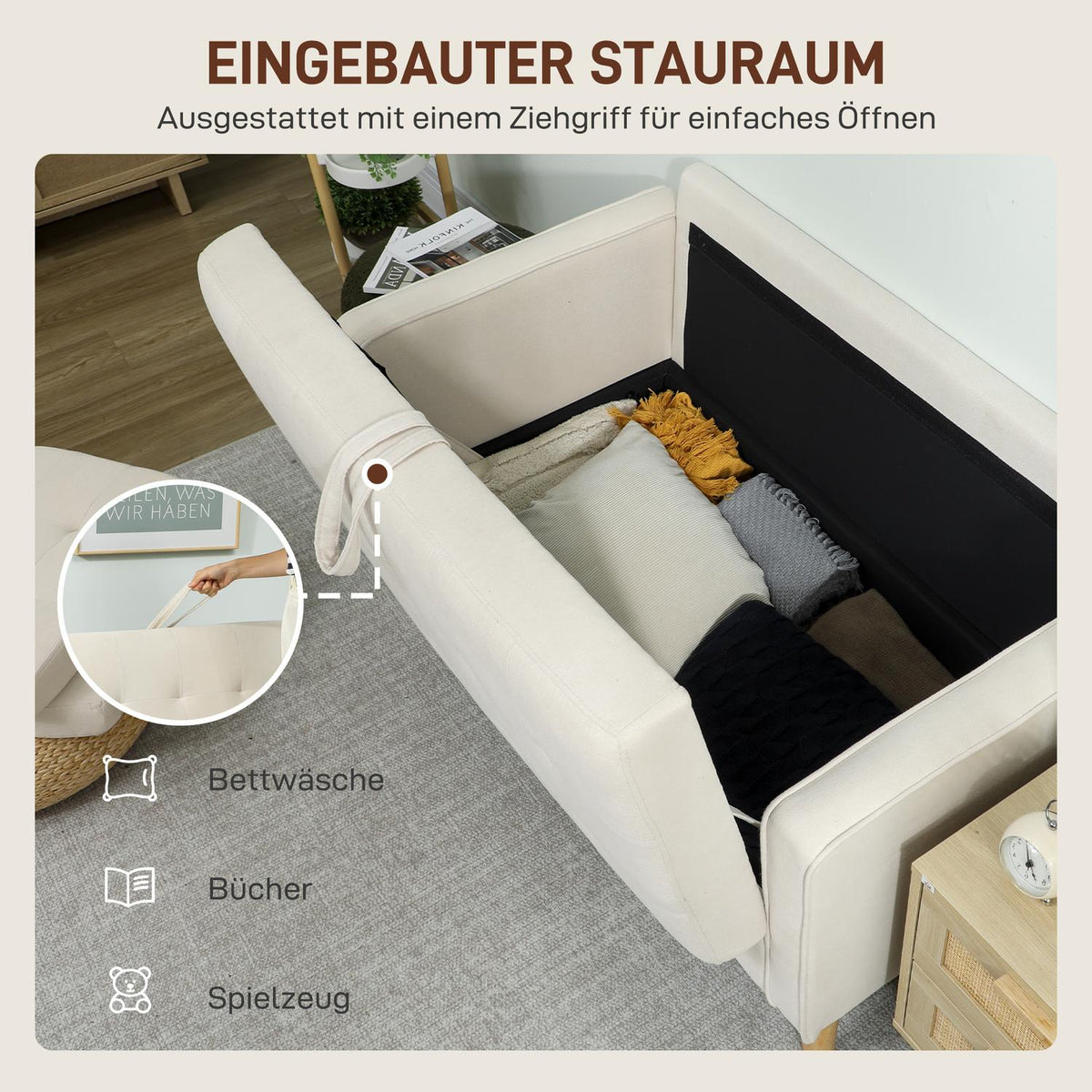 Two-Seater Sofa with Storage, Cream Velvet, 117cm