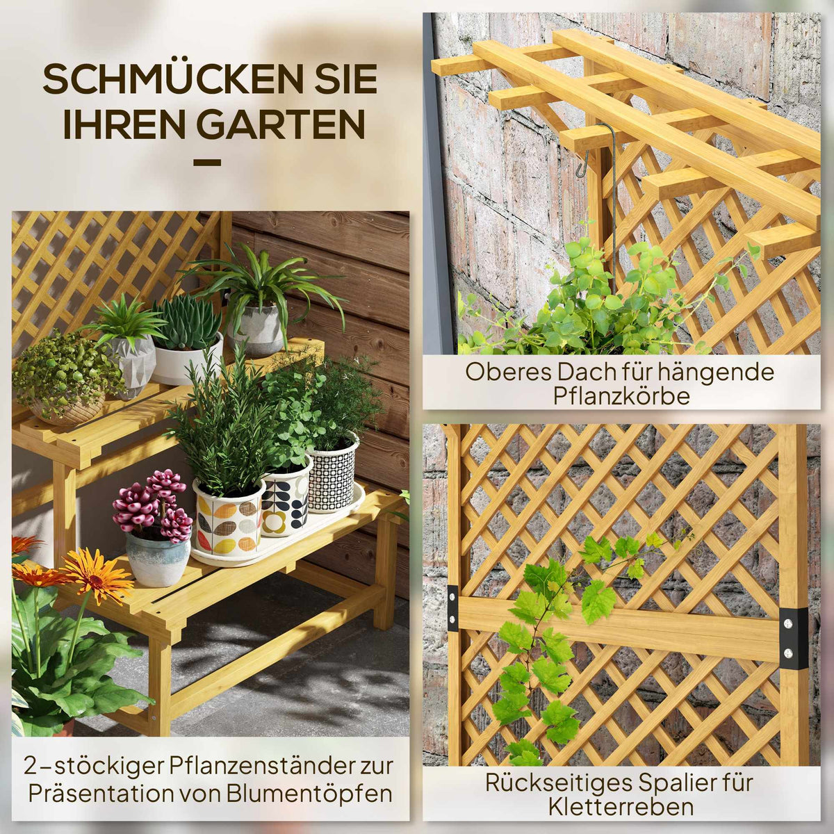 Two-Tier Plant Stand with Trellis & Roof, Fir Wood, 75x50x166cm