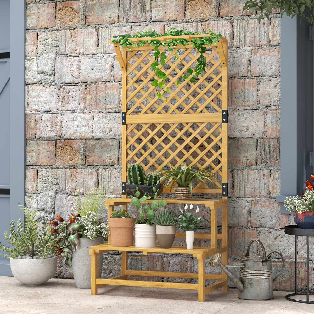 Two-Tier Plant Stand with Trellis & Roof, Fir Wood, 75x50x166cm