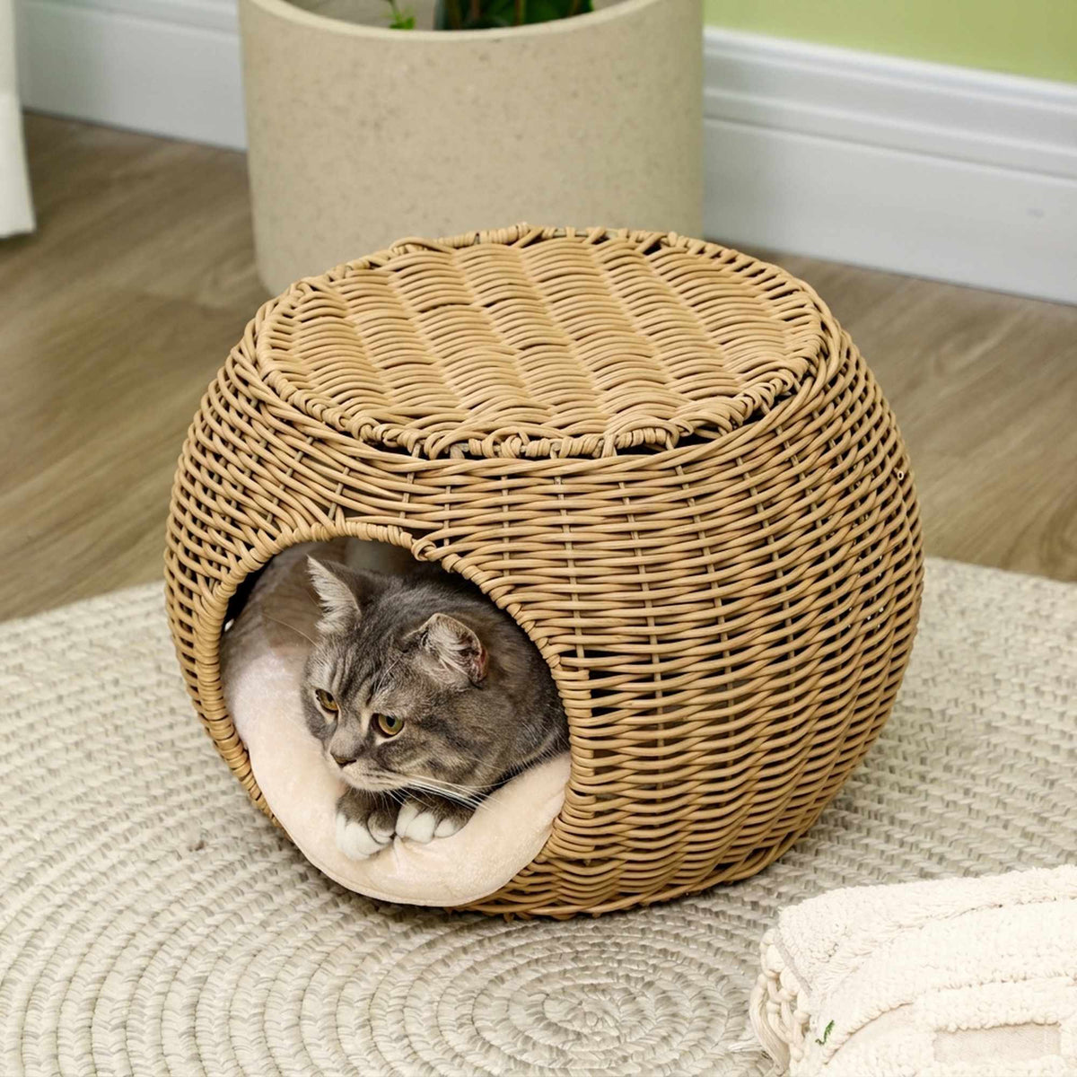 Two-Tier Rattan Cat Bed with Cushion, For Cats Under 3.5kg