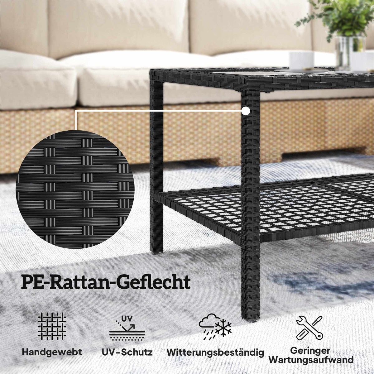 Two-Tier Rattan Coffee Table with Glass Top, Black