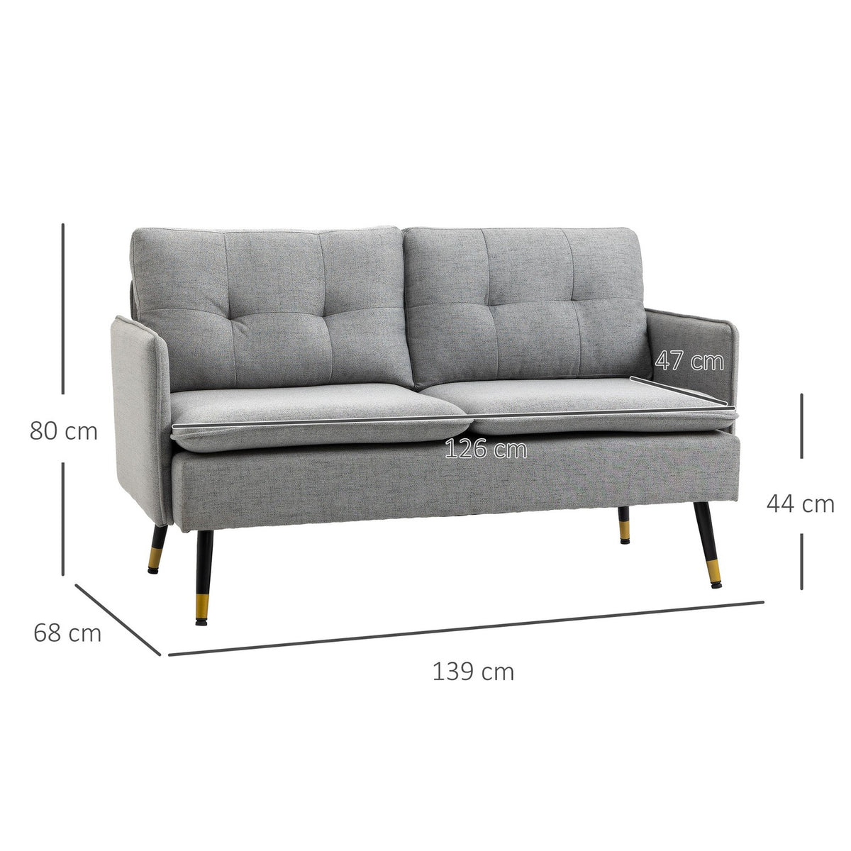 Two-seater 2-seater sofa with cushions, loveseat with linen look, double sofa for living room, bedroom, steel, gray, 139 x 68 x 76 cm