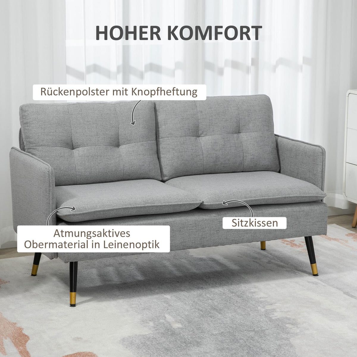 Two-seater 2-seater sofa with cushions, loveseat with linen look, double sofa for living room, bedroom, steel, gray, 139 x 68 x 76 cm