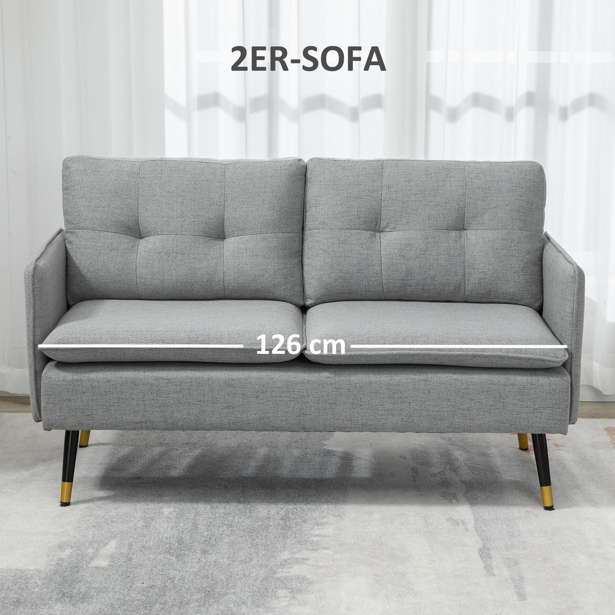 Two-seater 2-seater sofa with cushions, loveseat with linen look, double sofa for living room, bedroom, steel, gray, 139 x 68 x 76 cm