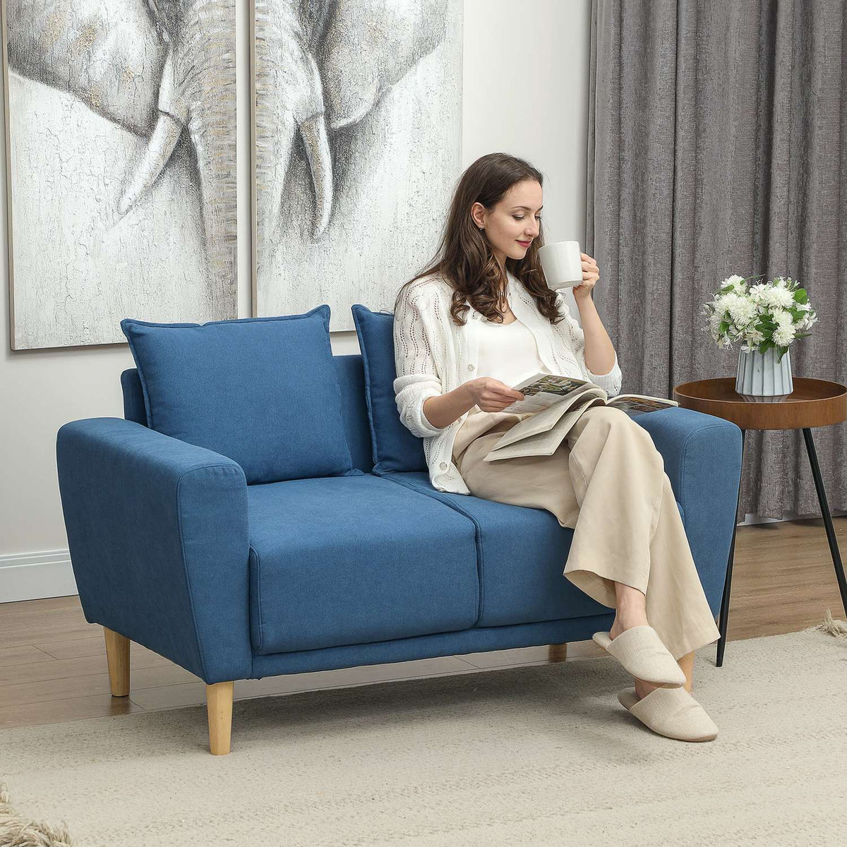 Two-seater sofa with 2 cushions, upholstered sofa with 51cm extra deep seats, double sofa made of velvet, small sofa with wooden frame, 2-seater couch for living room, bedroom, office, 133 x 73 x 81 cm, blue