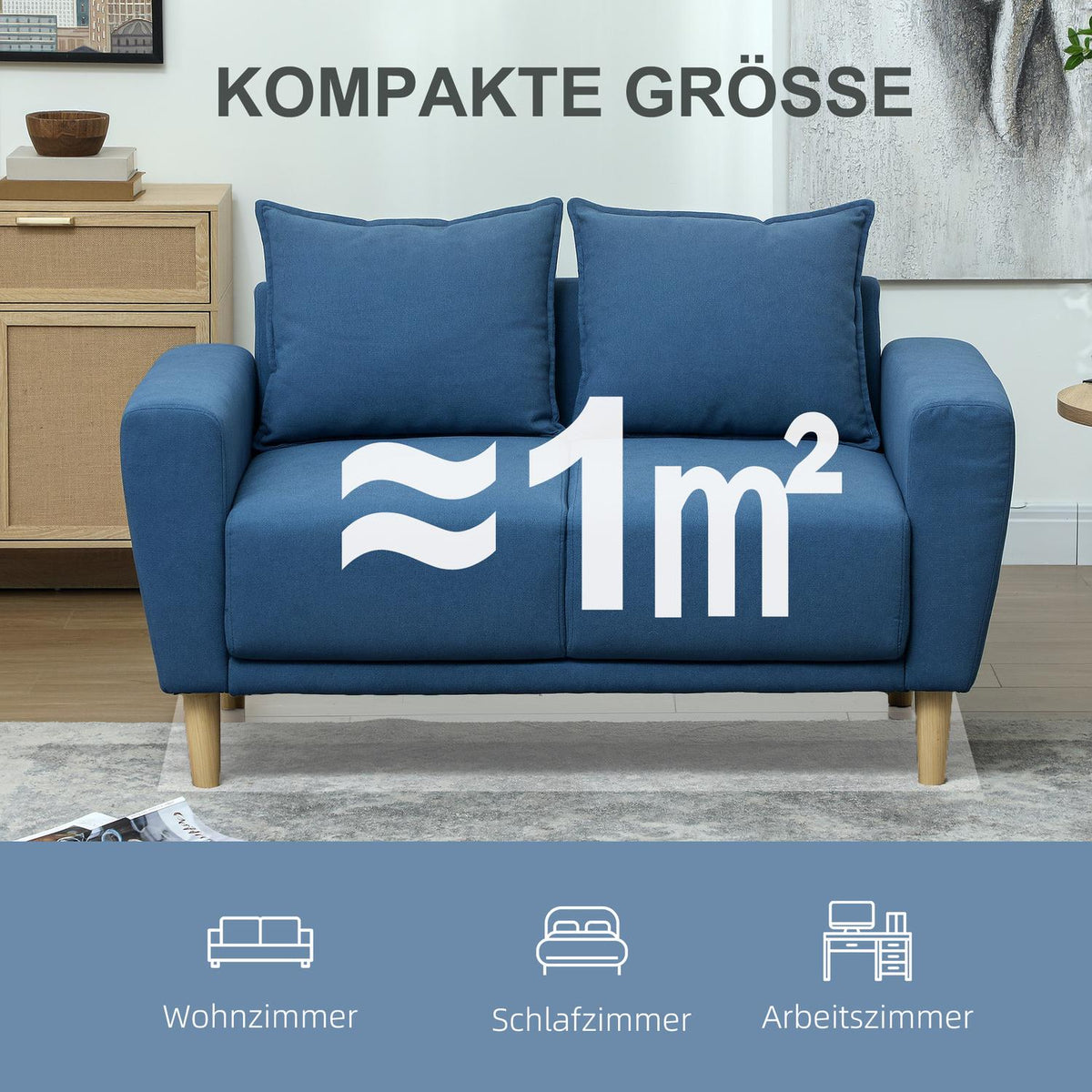 Two-seater sofa with 2 cushions, upholstered sofa with 51cm extra deep seats, double sofa made of velvet, small sofa with wooden frame, 2-seater couch for living room, bedroom, office, 133 x 73 x 81 cm, blue