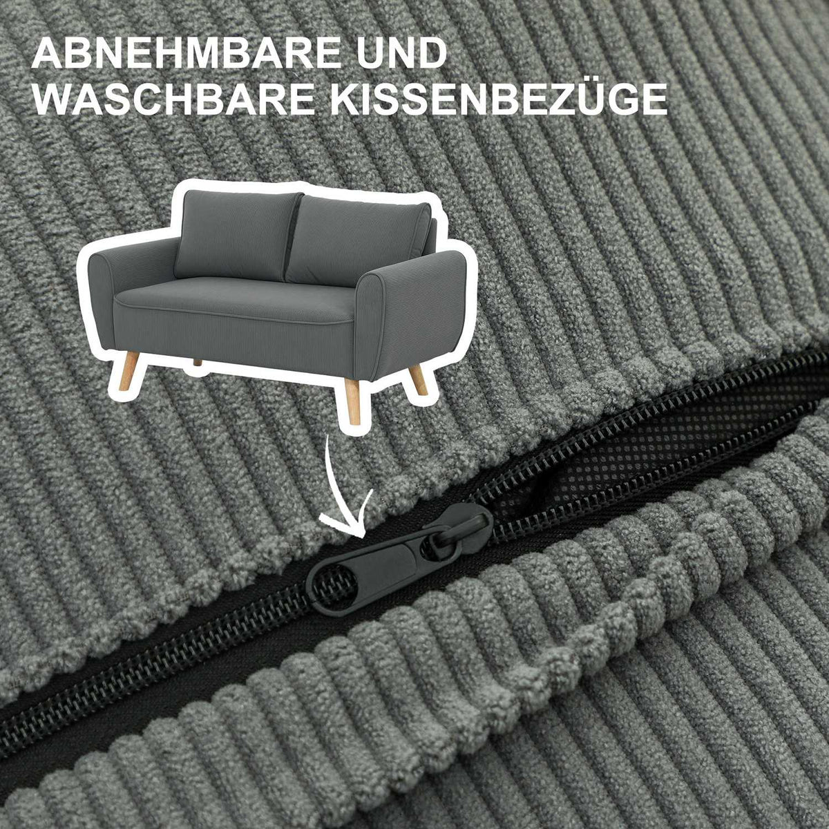 Two-seater sofa with 2 cushions, upholstered sofa with 54cm extra deep seats, double sofa made of corduroy, small sofa with wooden frame, 2-seater couch for living room, bedroom, office, 145 x 75 x 78 cm, dark gray
