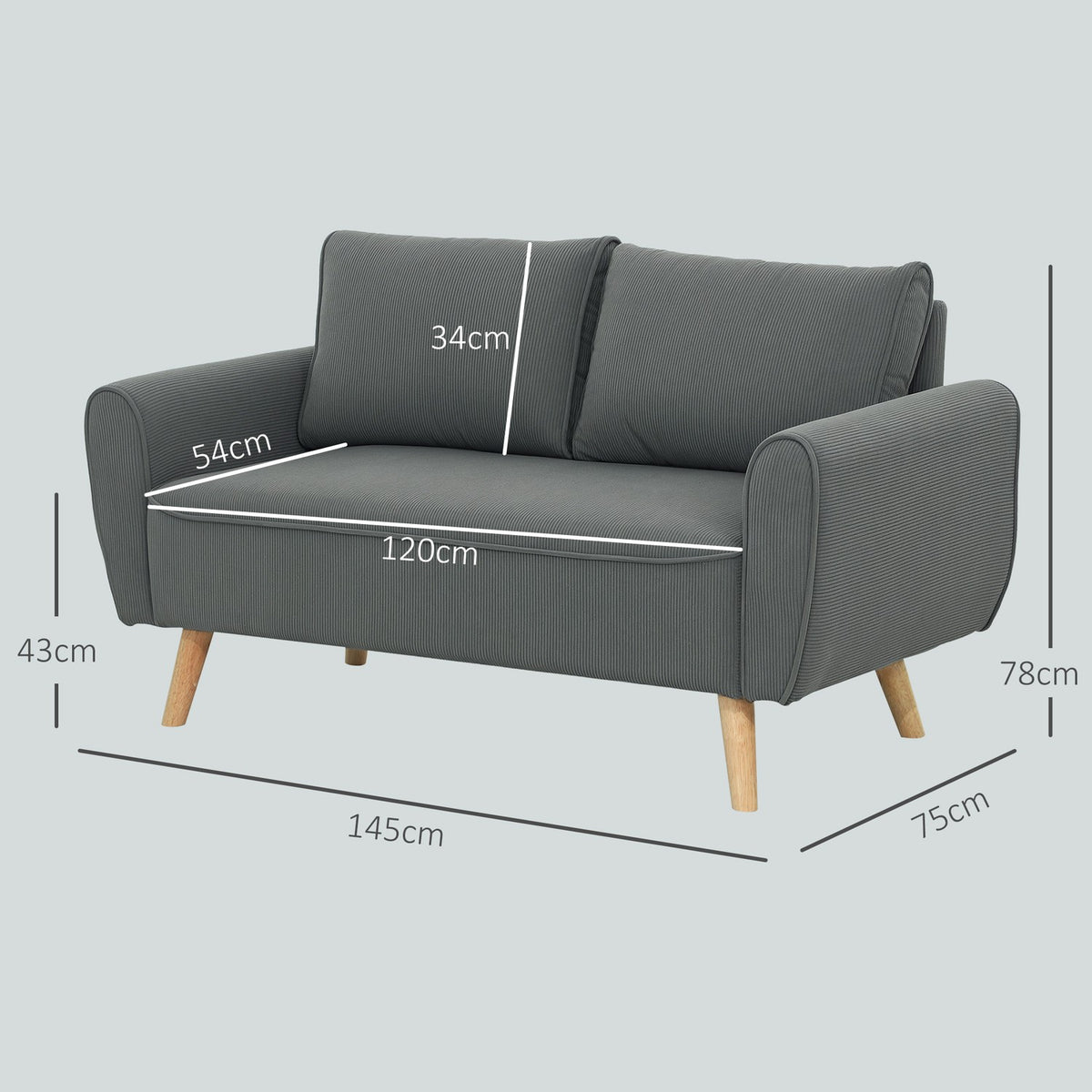 Two-seater sofa with 2 cushions, upholstered sofa with 54cm extra deep seats, double sofa made of corduroy, small sofa with wooden frame, 2-seater couch for living room, bedroom, office, 145 x 75 x 78 cm, dark gray