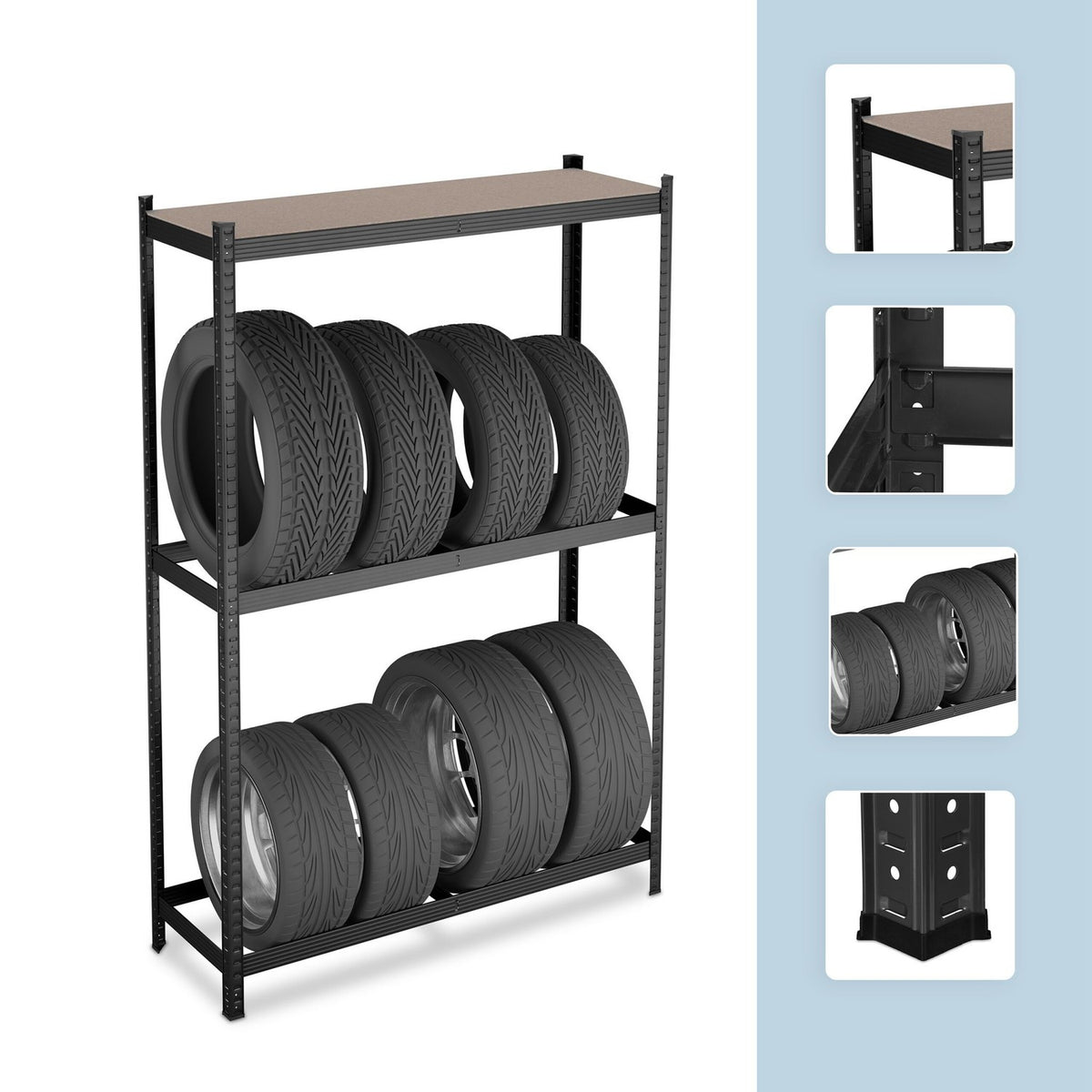 Tyre Rack for 8 Tyres, Adjustable Steel Shelves