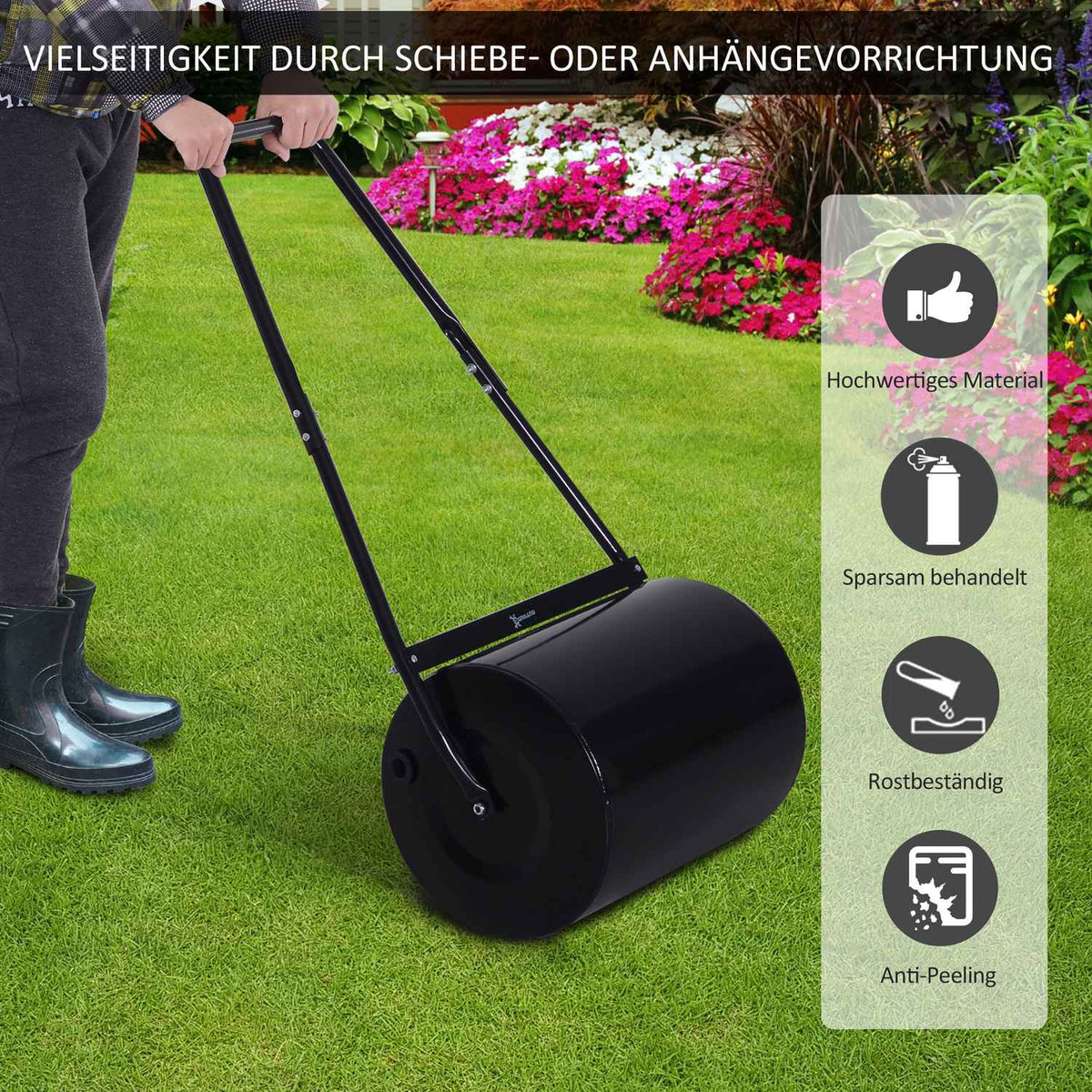 U-Handle Lawn Roller Garden Roller 40Cm Diameter 60L Water/Sand Fill Metal Black 57 X 40 X 123Cm
