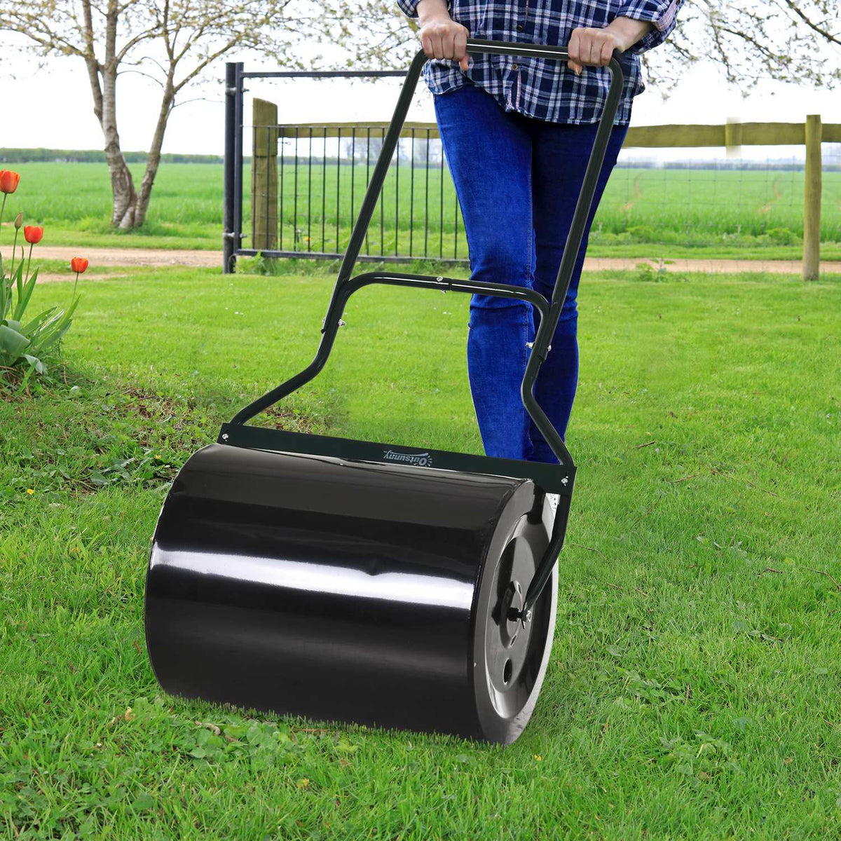 U-Handle Lawn Roller Garden Roller 40Cm Diameter 60L Water/Sand Fill Metal Black 57 X 40 X 123Cm