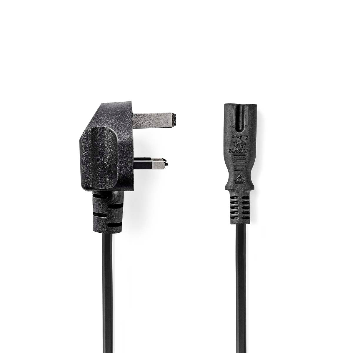 UK Power Cable | UK Male | IEC-320-C7 | 5.00 m | Yes | 2x 0.75 mm² | Copper | Round | Nickel Plated | UK | PVC | Mains plug: UK / Type G | 250 V AC | 3 A| Black