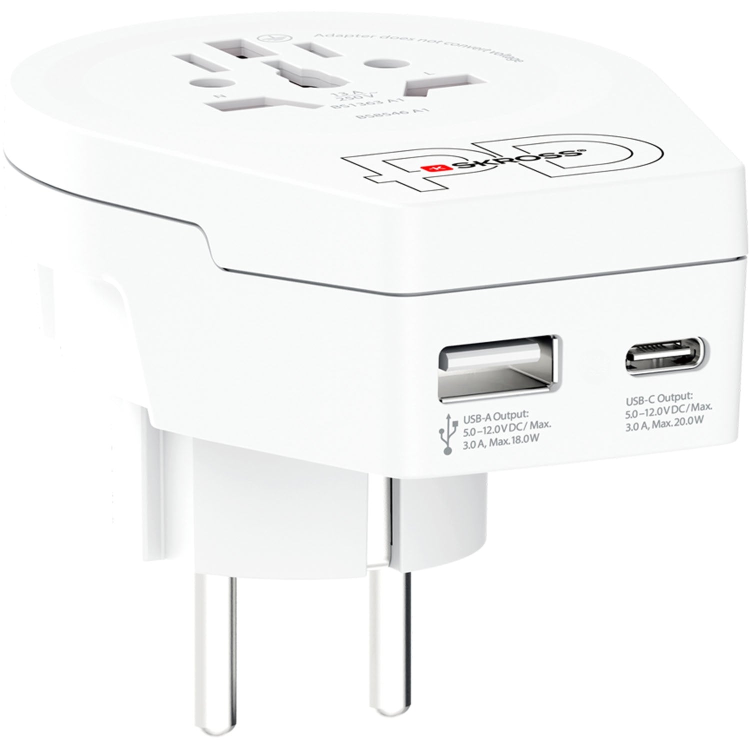 USB-A/USB-C 20W Grounded Adapter for Europe
