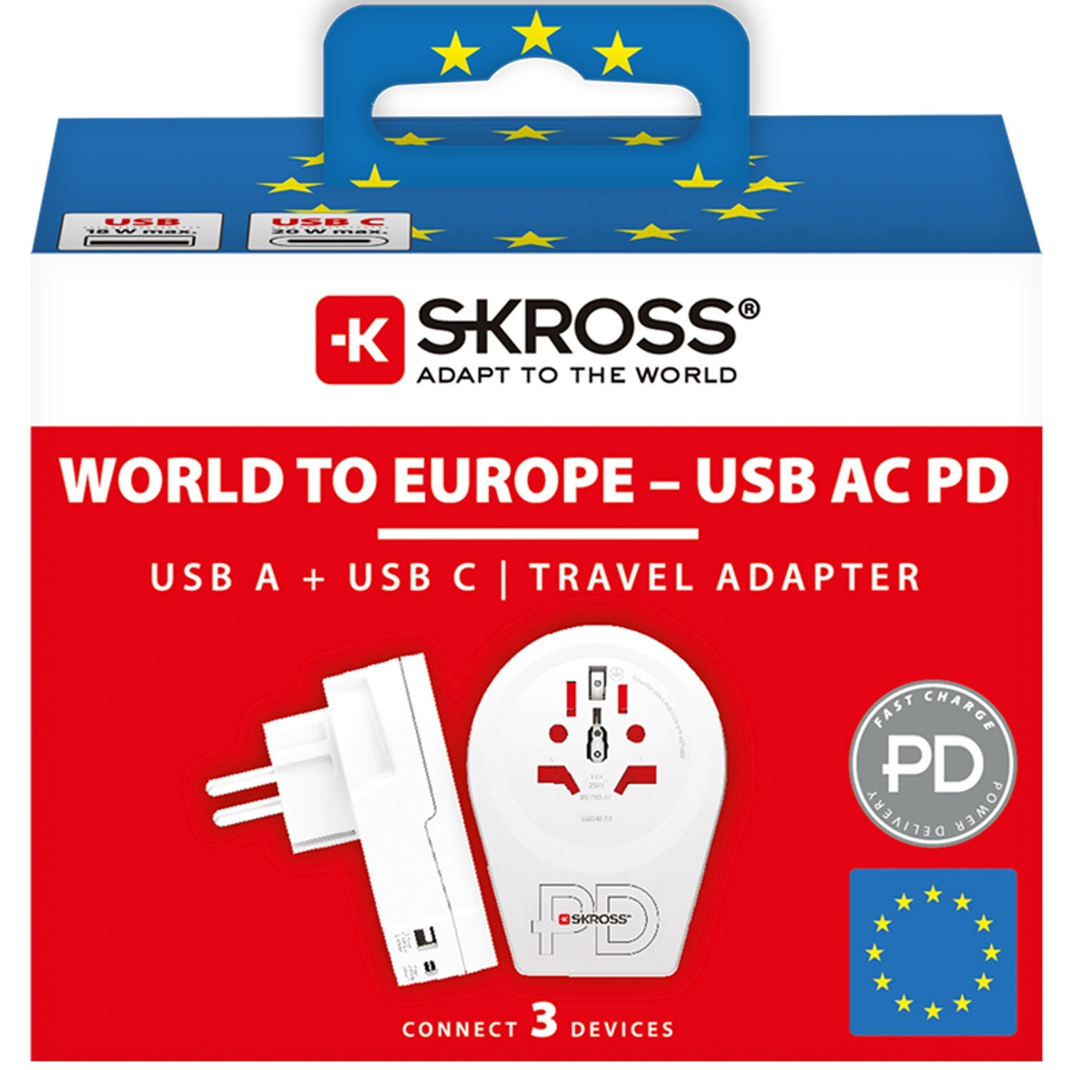 USB-A/USB-C 20W Grounded Adapter for Europe