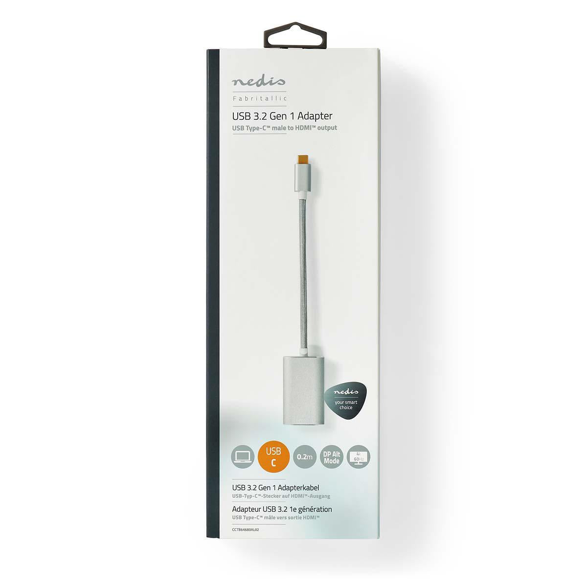 USB-C™ Adapter | USB 3.2 Gen 1 | USB-C™ Male | HDMI™ Female | 4K@60Hz | Power delivery | 0.20 m | Round | Gold Plated | Braided / Nylon | Silver | Carton with covered window