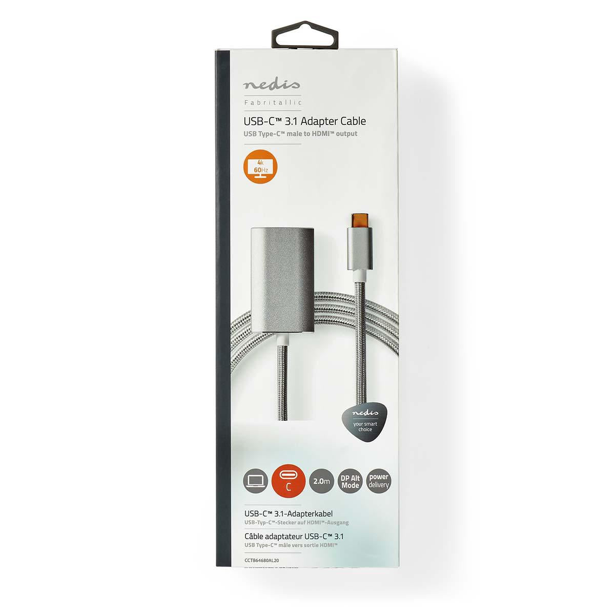 USB-C™ Adapter | USB 3.2 Gen 1 | USB-C™ Male | HDMI™ Female | 4K@60Hz | Power delivery | 2.00 m | Round | Gold Plated | Braided / Nylon | Silver | Carton with covered window