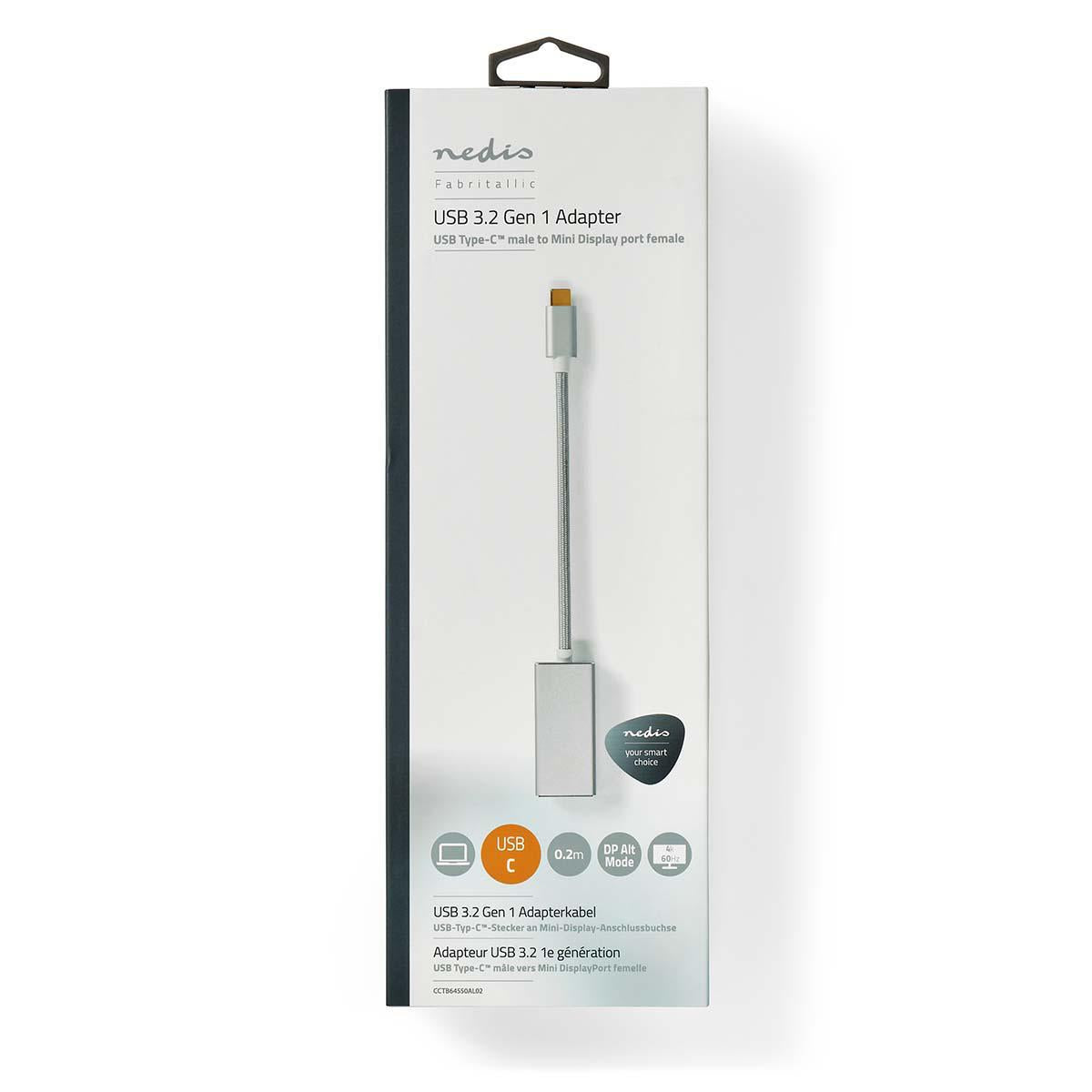 USB-C™ Adapter | USB 3.2 Gen 1 | USB-C™ Male | Mini DisplayPort Female | 0.20 m | Round | Gold Plated | Braided / Nylon | Silver | Carton with covered window