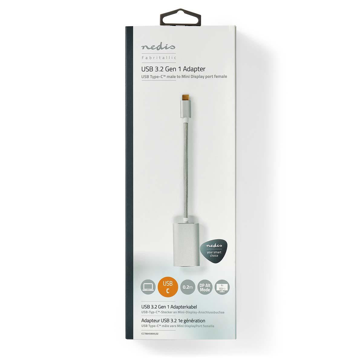 USB-C™ Adapter | USB 3.2 Gen 1 | USB-C™ Male | Mini DisplayPort Female | Power delivery | 0.20 m | Round | Gold Plated | Braided / Nylon | Silver | Carton with covered window