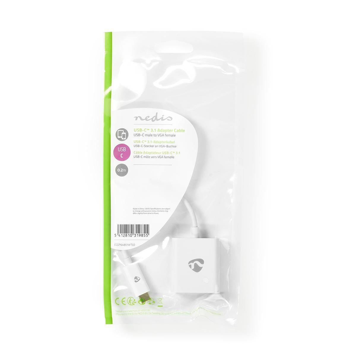 USB-C™ Adapter | USB 3.2 Gen 1 | USB-C™ Male | VGA female 15p | 1080p | 5 Gbps | 0.20 m | Round | Nickel Plated | PVC | White | Plastic bag