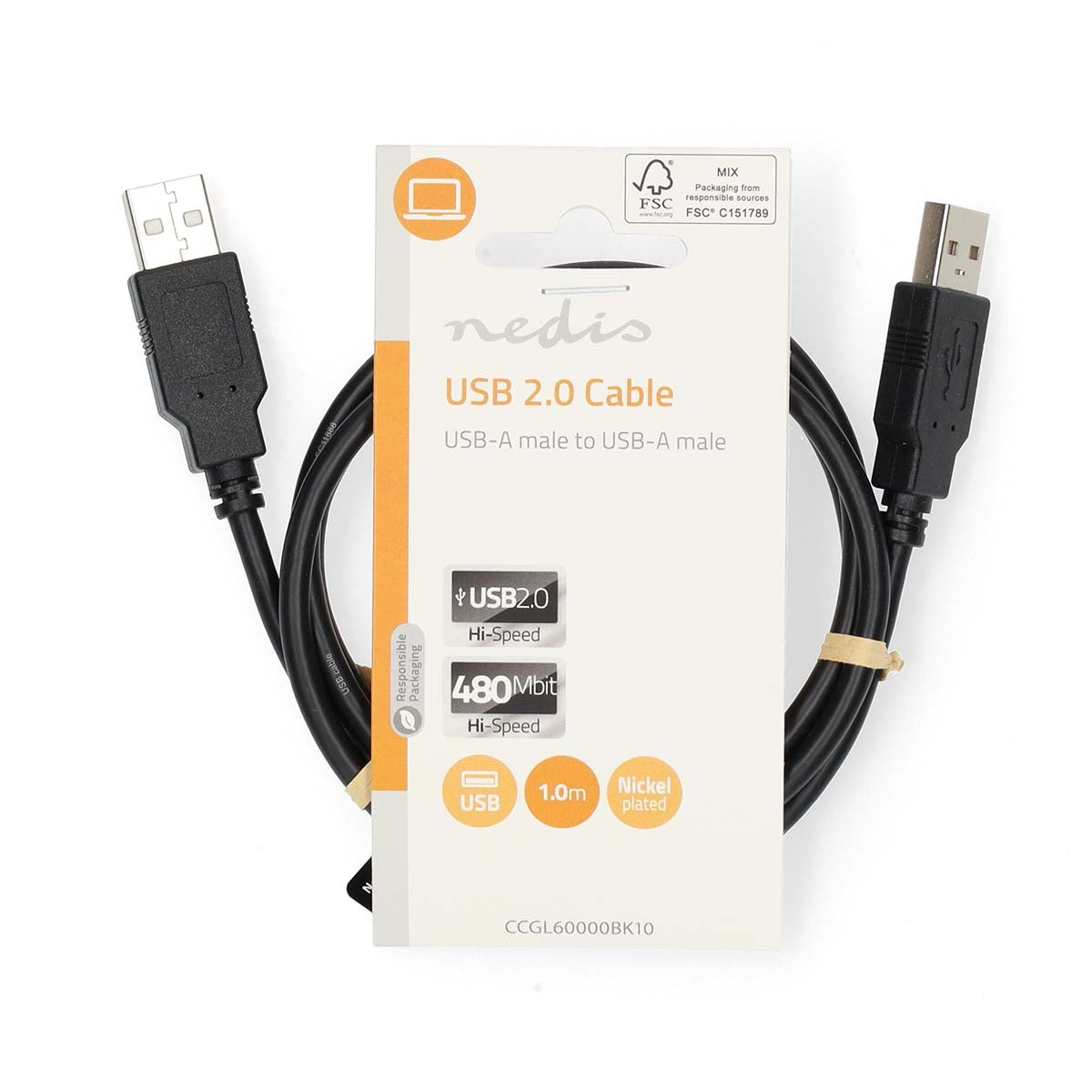 USB Cable | USB 2.0 | USB-A Male | USB-A Male | 480 Mbps | Nickel Plated | 1.00 m | Round | PVC | Black | Label
