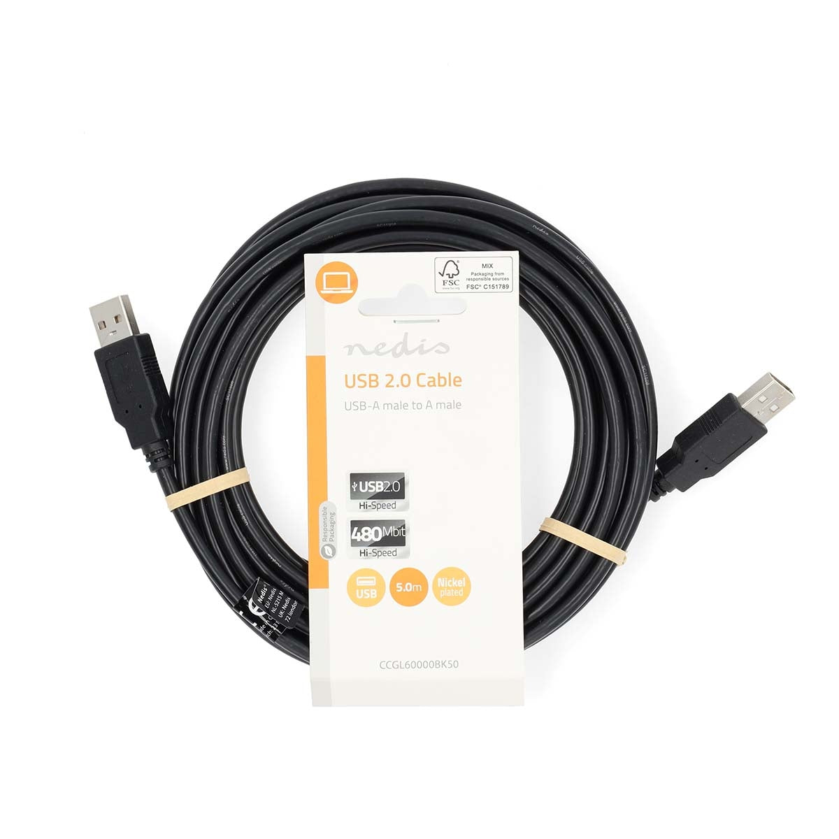 USB Cable | USB 2.0 | USB-A Male | USB-A Male | 480 Mbps | Nickel Plated | 5.00 m | Round | PVC | Black | Label