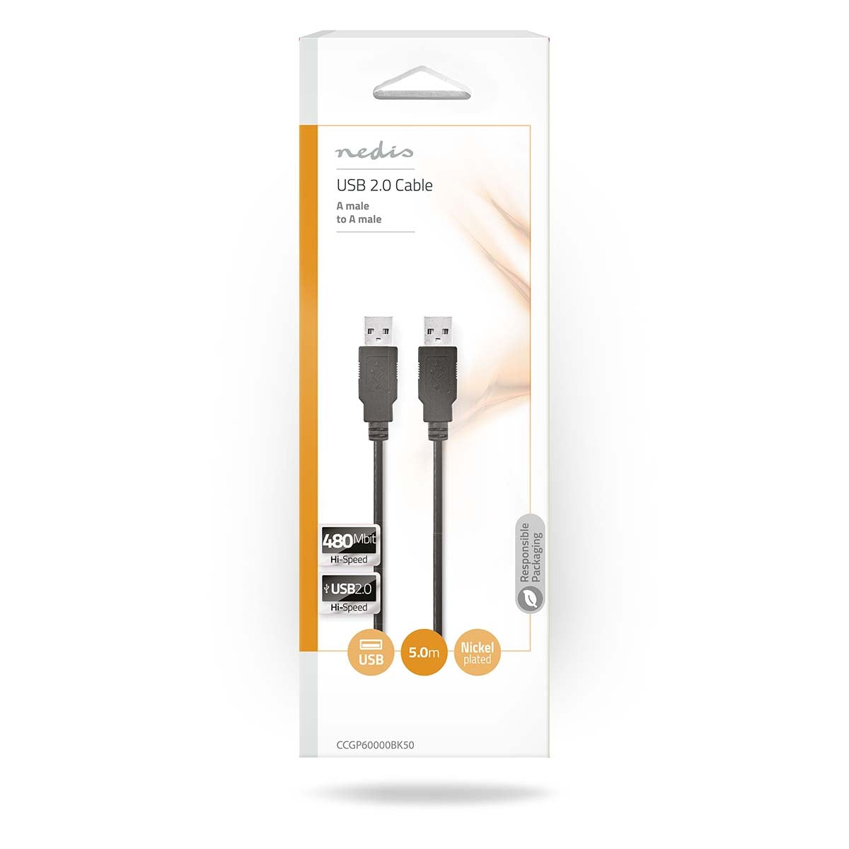 USB Cable | USB 2.0 | USB-A Male | USB-A Male | 480 Mbps | Nickel Plated | 5.00 m | Round | PVC | Black | Polybag