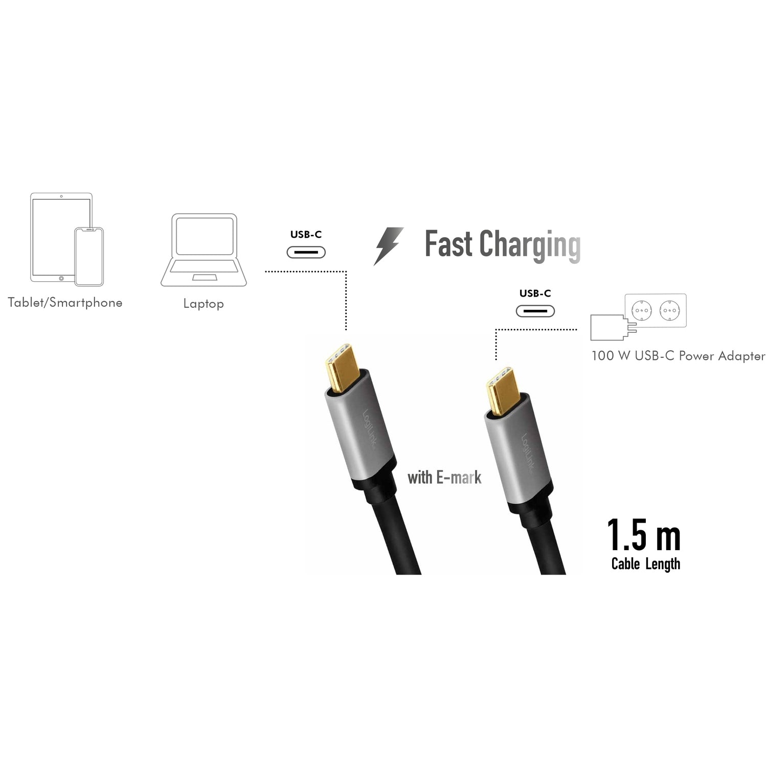 USB-C cable USB 2.0 PD 3.0 100W 480 Mbps Alu 1.5m