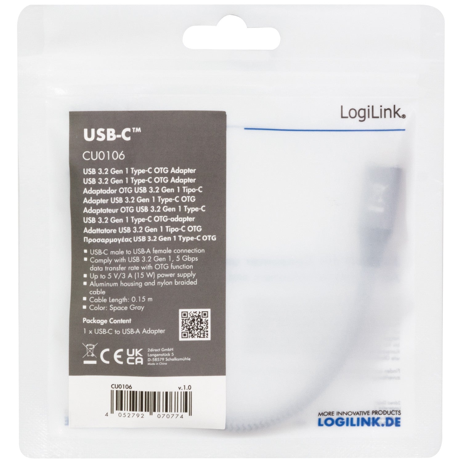USB-C male to USB-A female OTG 15W 0.15m