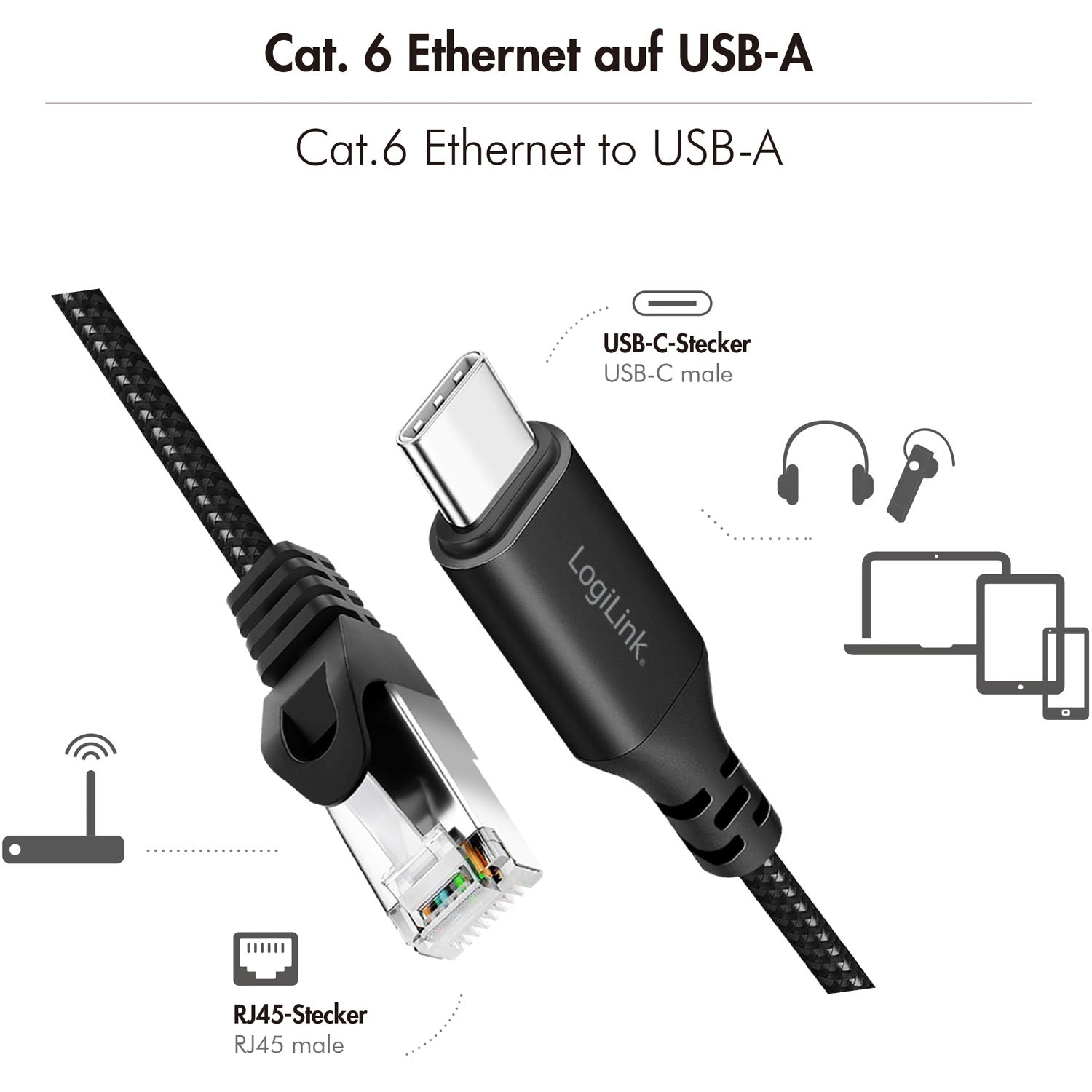 USB-C to RJ45 Ethernet Cable, 1 Gbps, 2m Length