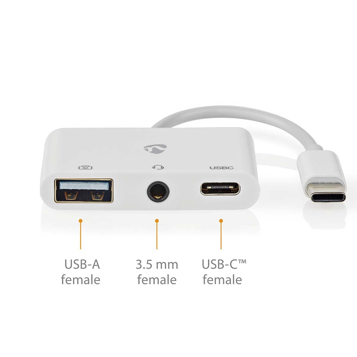 USB Multi-Port Adapter | USB 2.0 | USB-C™ Male | USB-A Female / USB-C™ Female / 3.5 mm Female | 480 Mbps | 0.10 m | Round | Nickel Plated | PVC | White | Box